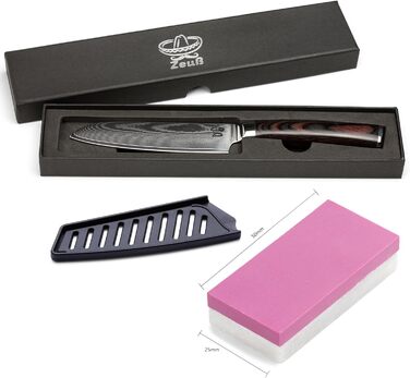 Ніж Santoku ZEUß з дамаської сталі (24 см) - професійний кухонний ніж з дамаської сталі 67 шарів, з точильним каменем, дерев'яною ручкою, захистом леза та подарунковою коробкою (сірий)