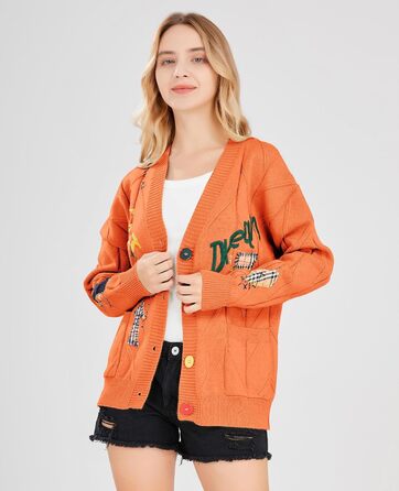 В'язана жилетка Daen з косами, довгі рукави, відкрита спереду, V-подібний виріз, застібка на ґудзики, вишивка, вовняна суміш, Пуловер, Куртка, Одяг для активного відпочинку (XXL, Помаранчевий/Бурштиновий у зигзагоподібному візерунку (Sunset Chevron))