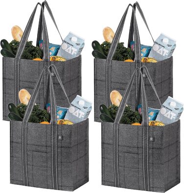 VENO 34 Liter Large Shopping Bag Foldable with Sturdy Bottom and Front Pocket, Reusable Shopping Bags Water-Resistant Shopping Basket for Shopping Picnic (Black Windowpane, 4-Pack)