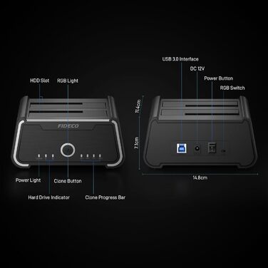 Док-станція для жорстких дисків FIDECO USB 3.0 з RGB підсвічуванням, Dual-Slot, підтримка UASP та офлайн-клонування (2.5/3.5