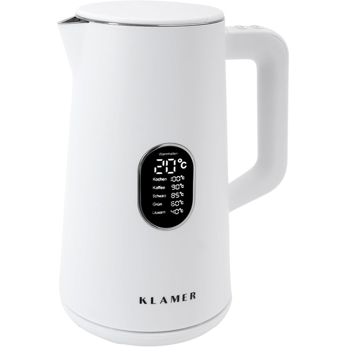 Електричний чайник KLAMER 1,5 л 1800 Вт, нержавіюча сталь, білий, регулювання температури 40-100°C, BPA-free