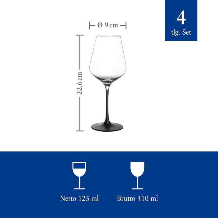 Villeroy & Boch – Manufacture Rock White Wine Glass Set, 4-Piece, White Wine Glasses, Wine Glass Black Stem, Beautiful Transparent Black Wine Glasses, Exceptional Wine Glasses, Crystal Glass
