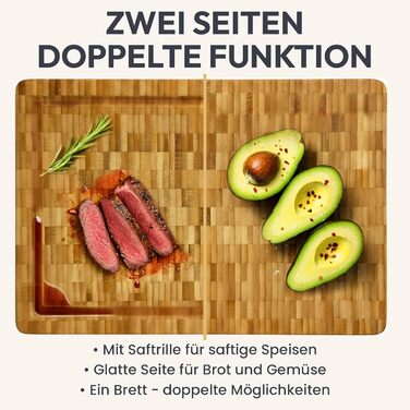 Розкриваюча дошка для нарізання з бамбуку, 100% органічний матеріал, 45 x 30 x 2 см, велика XL дошка – сертифікована FSC® антибактеріальна дошка з бамбуку для кухні (Gourmet Edition - Hirnholz Bambus, 38 x 27 x 3 см)