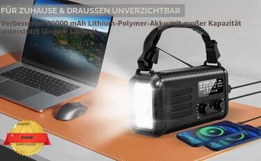 Радіо на сонячних батареях з ручним заводом 20000mAh Notfallradio, AM/FM, ліхтарик, SOS-сигнал, зарядний пристрій для телефону (Чорний)