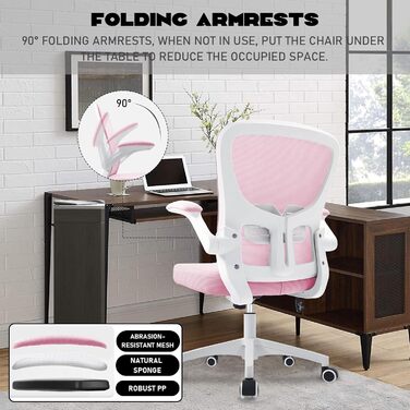 Ергономічне крісло для офісу та дому з регульованими підлокітниками, підтримкою попереку, регульованою висотою та спинкою, що нахиляється до 130°, рожеве