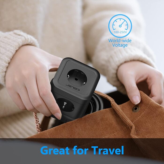 Сетевой фильтр JSVER Cube 5-fach с USB, 2м кабель, белый/черный. 3680W, 16A, 4 USB зарядки (17W) для офиса, дома, в дорогу.