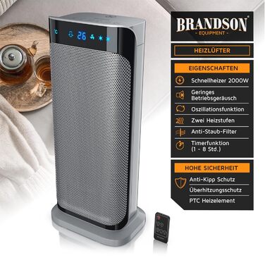 Керамічний обігрівач Brandson 2000 Вт з дистанційним керуванням, енергоощадний, тихий, для ванної, з осциляцією, срібний, сертифікат GS, переможець 2024