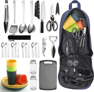 Berglander Camping Essentials, Camping Cookware Utensil Set, Camping Accessories Gear Must-Haves, come with camping cutlery sets, plates, and cups, ideal for outdoor stoves, picnics, and grilling.