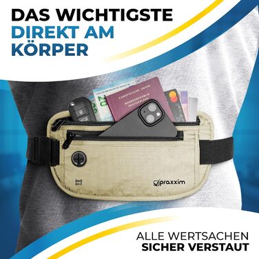 Сумка на пояс для подорожей: захист від крадіжок, RFID-захист, плоска, під одяг, для жінок та чоловіків (Бежева)