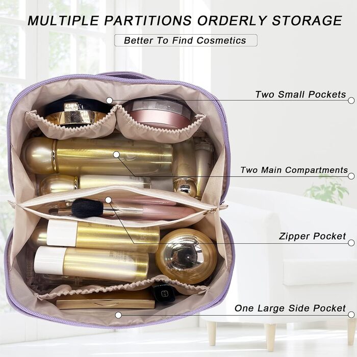 Жіноча косметичка для подорожей з великим об'ємом, водонепроникна, з перегородками, органайзер (Кремовий абрикос) (Світло-фіолетовий-1)
