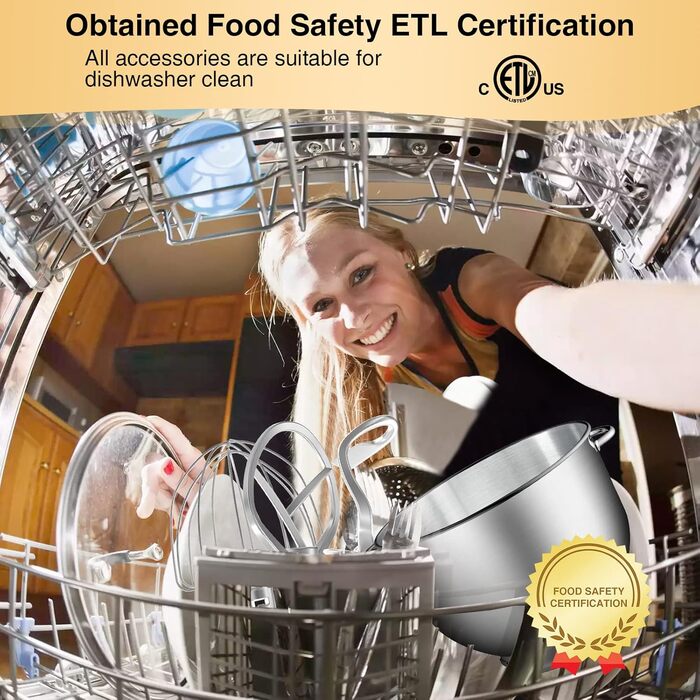 Кухонний комбайн-міксер 1500W з чашею з нержавіючої сталі 7Л, планетарний міксер для тіста з 6 швидкостями та набором насадок (гак, вінчик, міксер), чорний