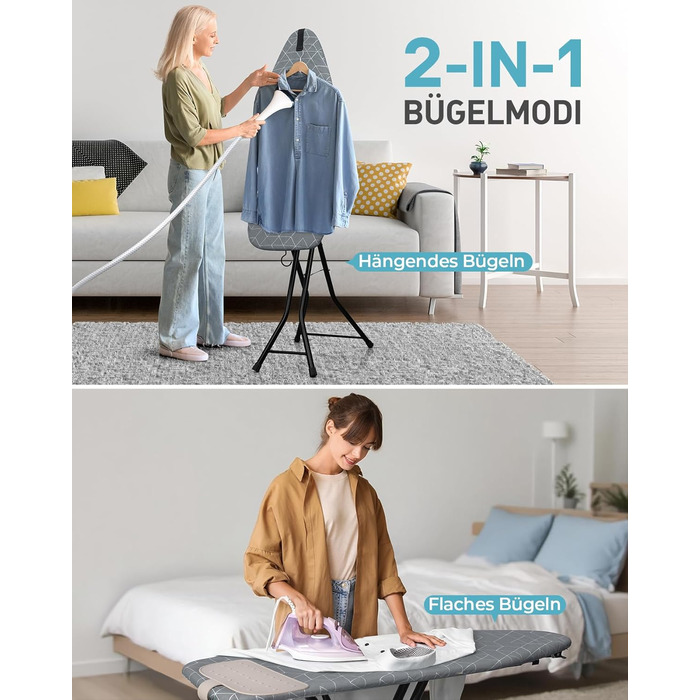 Прасувальна дошка LyriFine 2-в-1 для прасування з парою та звичайного прасування, з термостійким покриттям, складана з гачком, сталевий каркас, сірого кольору з підставкою для праски