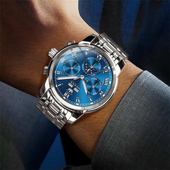 Чоловічий механічний годинник OLEVS 6692 з автопідзаводом, сталевий браслет, синій циферблат, фаза місяця, водонепроникний, люкс