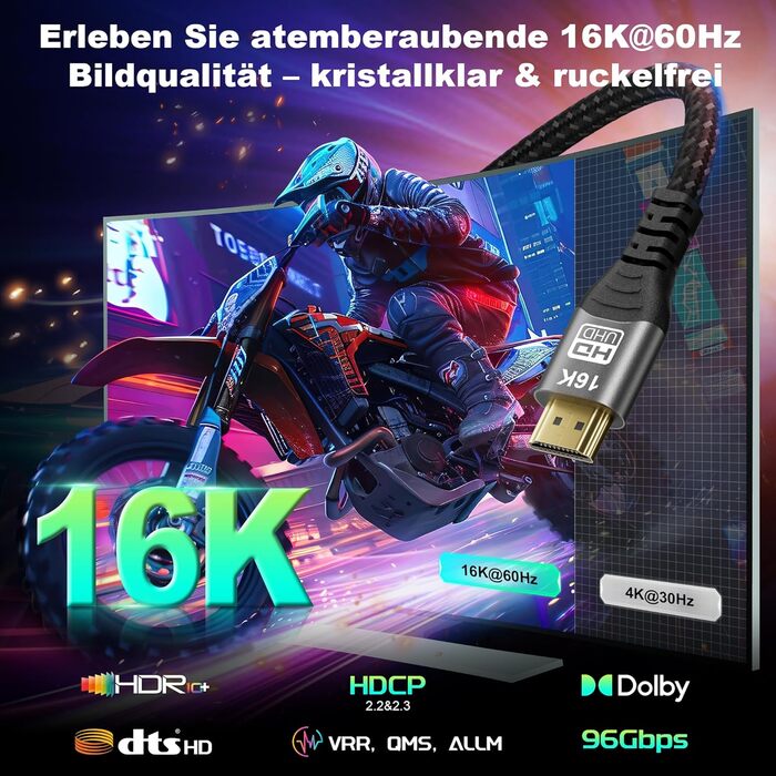 Кабель HDMI 2.2: Швидкий 2м, 96Gbps, 16K@60Hz, 12K/10K @120Hz, 8K@240Hz, 4K@480Hz, eARC, HDR10+, Dolby Atmos/Vision, HDCP 2.3, для PS5, Xbox, Soundbar, Fire TV, Laptop, HDTV