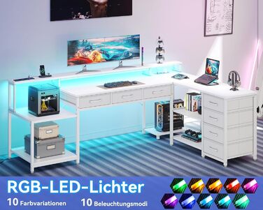 Комп'ютерний стіл Coleshome з 7 висувними ящиками та великим об'ємом зберігання, кутовий стіл з RGB LED підсвічуванням, реверсивний L-подібний стіл з 2 розетками, ідеальний для офісу та геймінгу (білий, 179.5×135.5 см)
