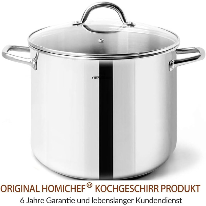 Нікель-вільний каструля HOMICHEF 9,5 л з кришкою, індукційна, нержавіюча сталь, 24,5 см, високий блиск, для супу та перших страв, срібляста