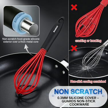 Набір міксерів Anaeat з силікону, 3 шт. – міцний сталевий дріт всередині, стійкий до високих температур. Ідеально підходить для посуду з антипригарним покриттям. Для збивання, змішування, приготування. (Червоний) 21 см + 26 см + 30 см