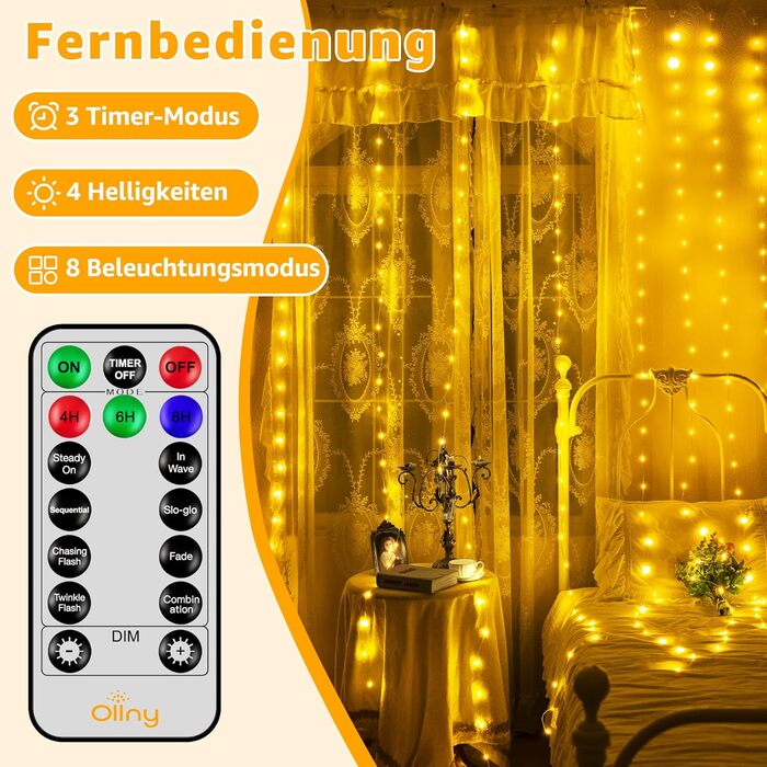 Льодосвітна штора Ollny для декорування фасаду 3x3м, 300 LED, 8 режимів, IP67, пульт, таймер, димування, для декору на Різдво, двері, стіни, вечірки, вікна, балкон (тепле біле світло)