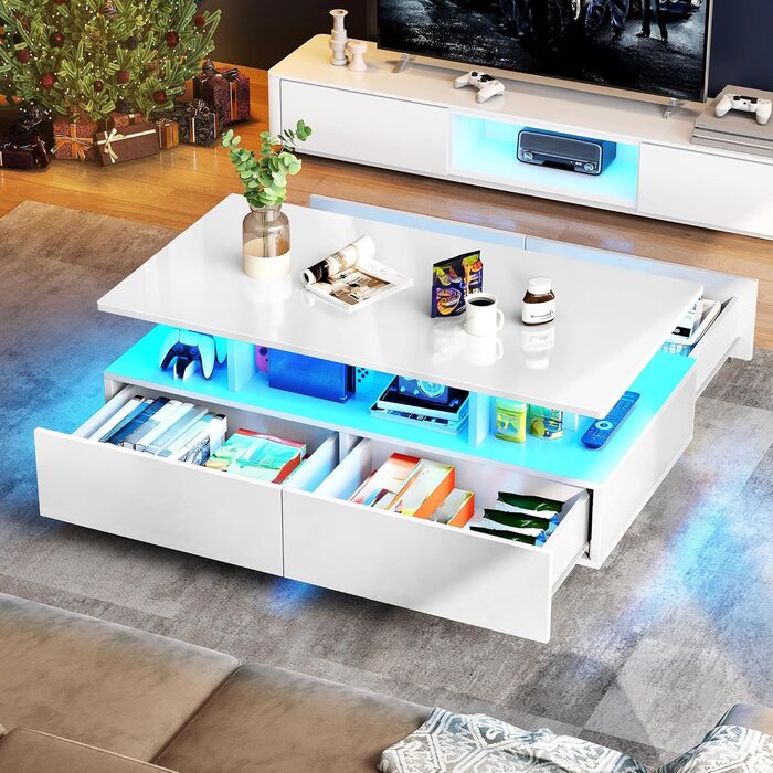 Журнальний стіл YITAHOME білий, глянець, з LED-підсвіткою 16 кольорів, сучасний стіл для вітальні з відкритою полицею і 4 висувними шухлядами, 90x55x41,1 см