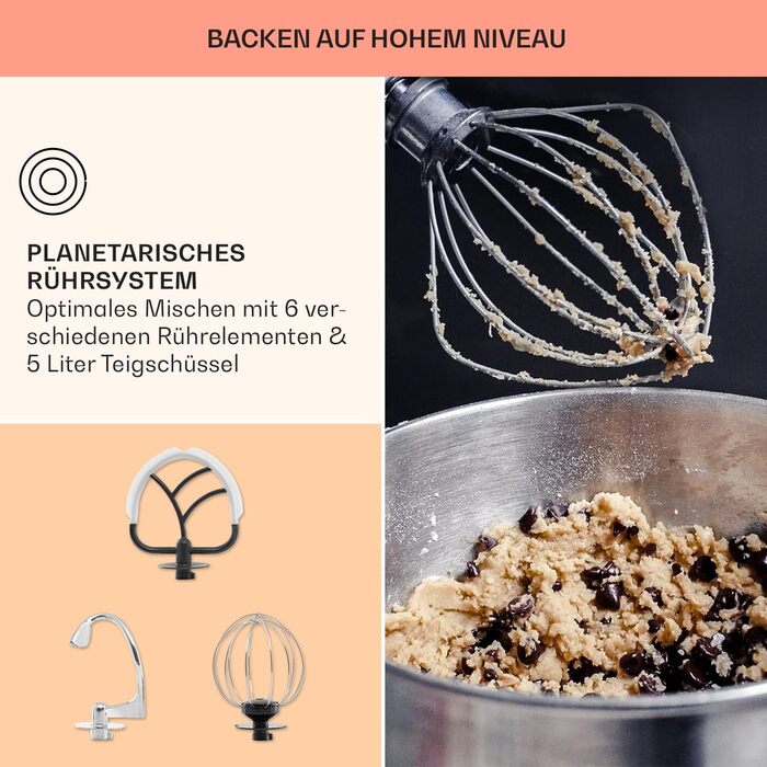 Klarstein 1300W Stand Mixer - Kitchen Machine for Baking, 6-Speed, 5L Bowl, Planetary Mixer with Dough Hook, Whisk & Beater - Turquoise