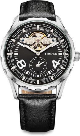 TIME100 Автоматичний годинник для чоловіків: водонепроникний, зі світлодіодами, серія Pilot, Angel Wing, бізнес-стиль, механічний годинник з шкіряним/силіконовим ремінцем, скелетний дизайн (чорний/сріблястий)