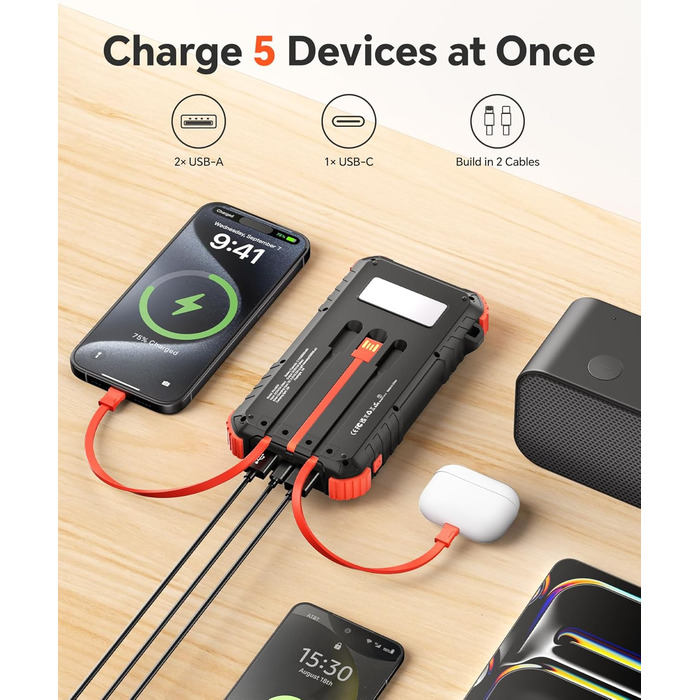 Сонячний Power Bank 26800mAh з PD15W, USB-C, 5 виходів, 3 входи, водонепроникний, з 3 кабелями, 2 ліхтариками та карабіном для кемпінгу, оранжевий