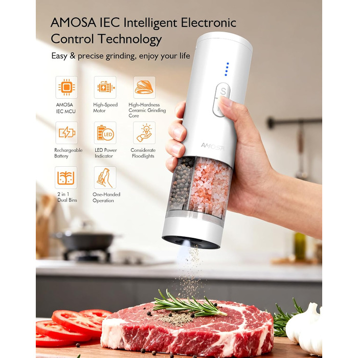 Електрична млин для солі та перцю AMOSA 2-в-1 USB, біла, з LED підсвіткою та регульованим помелом
