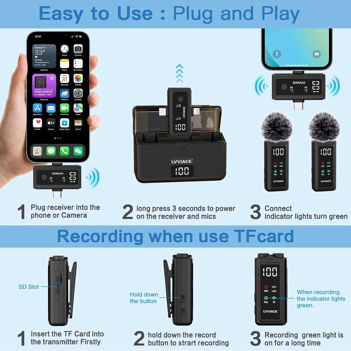Мікрофон-петличка 3-в-1 для iPhone, Android, камери: бездротовий мікрофон з шумозаглушенням, 45 годин роботи, цифровий дисплей, кейс для зарядки, відеозйомка, стрімінг