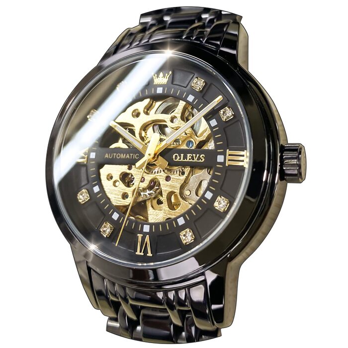 Чоловічий годинник OLEVS Skeleton Automatic — механічний скелетон з автопідзаводом, водонепроникний, сталевий корпус, люмінесцентна підсвітка (Чорний)