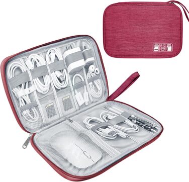 Органайзер для кабелів та аксесуарів для подорожей: кейс для кабелів, зарядних пристроїв, SD-карт та іншої електроніки (A-wine, червоний)