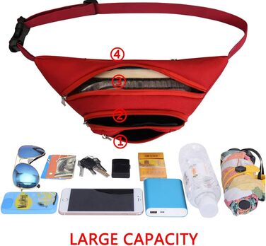 Водонепроникна поясна сумка, сумка на пояс, спортивна сумка на стегно для жінок та чоловіків, 3 кишені на блискавці, для туризму, відпочинку, спорту, червона