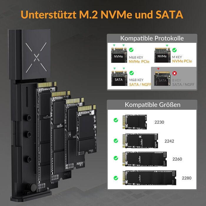 Зовнішній корпус-адаптер iDsonix M.2 NVMe та SATA SSD на USB 3.2 Gen 2 10Gbps, алюмінієвий, без інструментів, підтримка M-Key/B+M Key, UASP Trim, для SSD 2230/2242/2260/2280 (Золотистий)