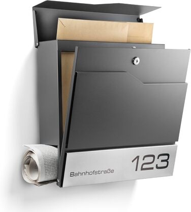 Поштовий ящик настінний модерн Tokio Anthrazit RAL7016 з газетницею, гравіюванням імені та номера будинку з нержавіючої сталі. Стійкий до іржі та УФ-випромінювання