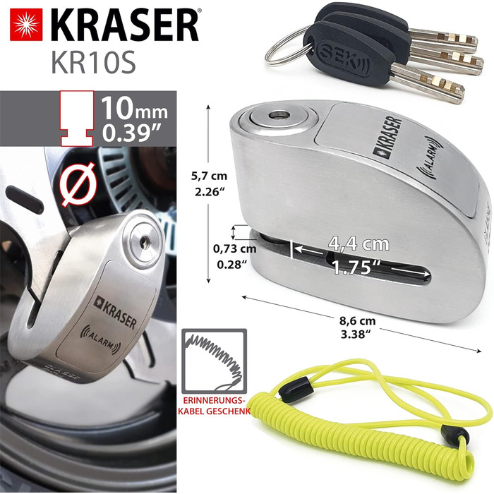 Мотозамок сигналізація KRASER KR10S, 120дБ, подвійний захист, диск-кліп, нержавіюча сталь, Ø10мм, протиугінний замок для мотоцикла, скутера, велосипеда