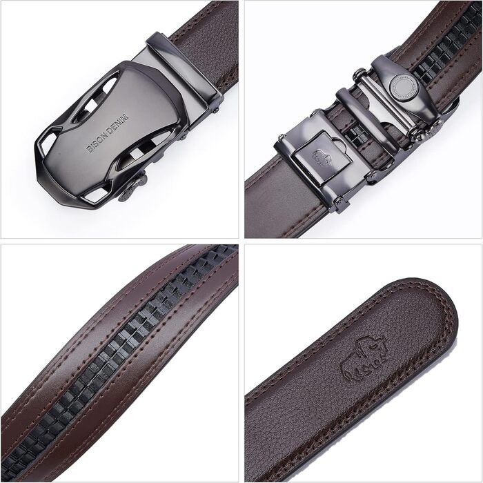 Чоловічий шкіряний ремінь BISON DENIM з автоматичною застібкою-ратом - для бізнесу та ділових костюмів, ширина 35 мм, колір кавовий, артикул N71287