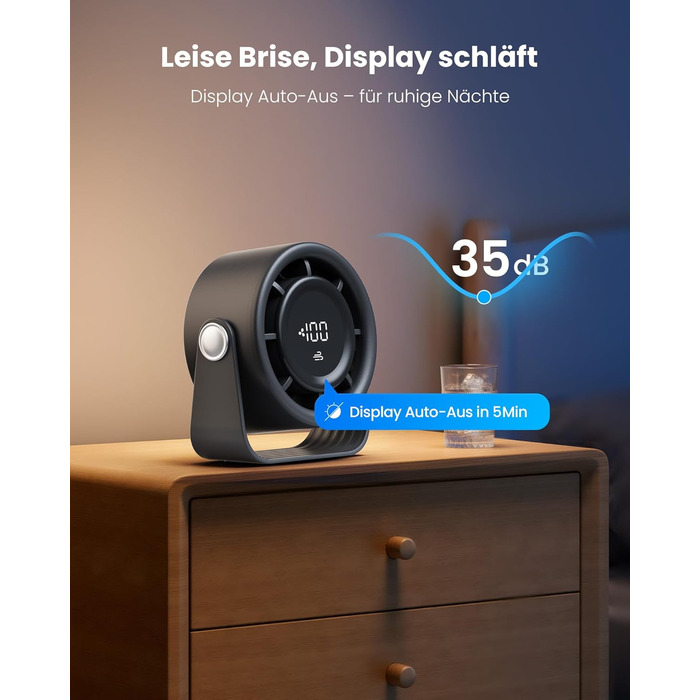 Портативний акумуляторний вентилятор Gaiatop з USB, 5 швидкостей, тиха робота, сенсорне управління, 360° обертання, для дому та офісу, чорний