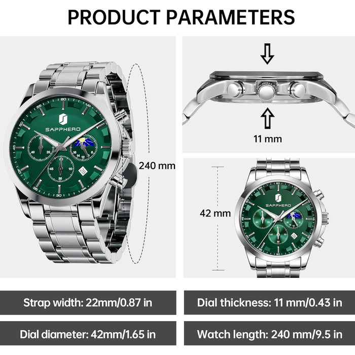 Годинник чоловічий BENYAR Chronograph Аналоговий кварц Водостійкий з датою. Елегантний бізнес-стиль. Чудовий подарунок для чоловіків (срібний браслет/зелений циферблат)