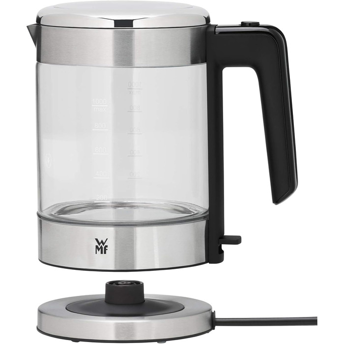WMF Kitchenminis Kettle Glass 1 Liter, Cordless Small Kettle, Water Level Indicator, Scale Filter, Automatic Shut-Off, 1900 Watts, Cromargan Matt Single