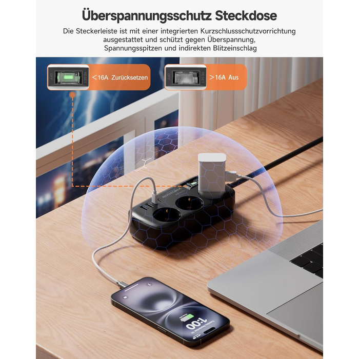 Многорозеткова станція з захистом від перенапруги, 3 розетки, 4 USB (2 USB-C), вимикач, кабель 1,5м, для дому/офісу, білий/чорний