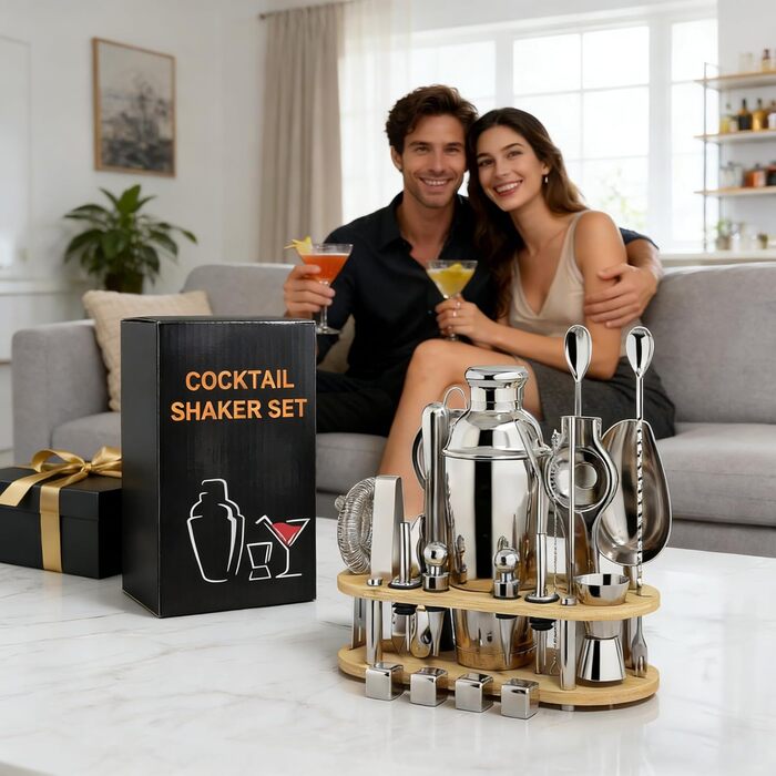 Набір для коктейлів 700 мл, 25 предметів: професійний шейкер, барменський набір з нержавіючої сталі, дерев'яна підставка для приготування напоїв