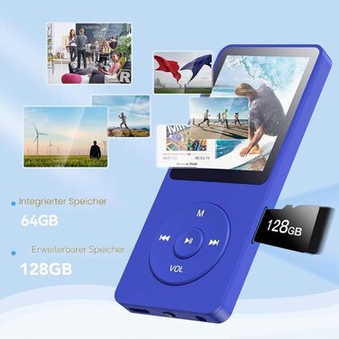 MP3 плеєр AGPTEK 64GB Hi-Fi музичний плеєр з часом роботи до 70 годин, підтримка карт пам'яті до 128ГБ, легкий портативний плеєр для дітей та дорослих, синій