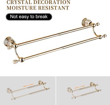Golden Bathroom Toothbrush Holder, Gold Crystals, Bathroom Hardware (Double Towel Bar, Bright Gold)