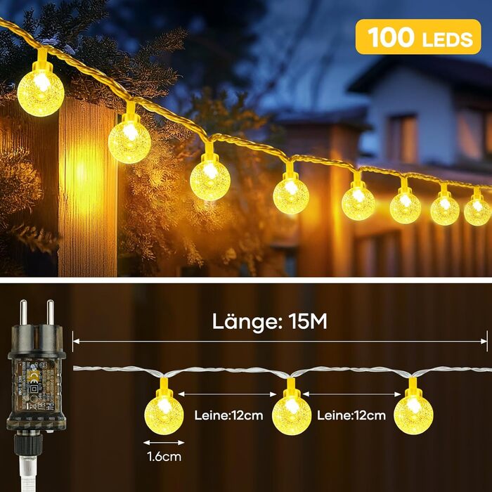 LED гірлянда на батарейках, 15 метрів, кульки, тепле біле світло, для внутрішнього та зовнішнього використання, IP65, вологостійка, з пультом дистанційного керування, диммування, ідеальна для кімнати, Різдва, вечірки, саду, тепле біле світло