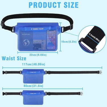 Водонепроникна сумка-чохол на пояс з регульованим ремінцем, IP68, для фото, водного спорту, пляжу, плавання, риболовлі (Чорний + Синій)