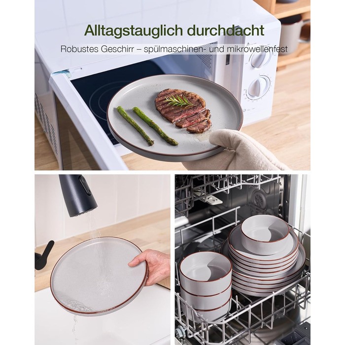 Набір посуду Mercury, 12 предметів: тарілки, супові миски, десертні тарілки, для 4 осіб, з каменю, стійкий до мікрохвильової печі та миття в посудомийній машині, колір сірий (N-Set 18 предметів, 6 осіб)