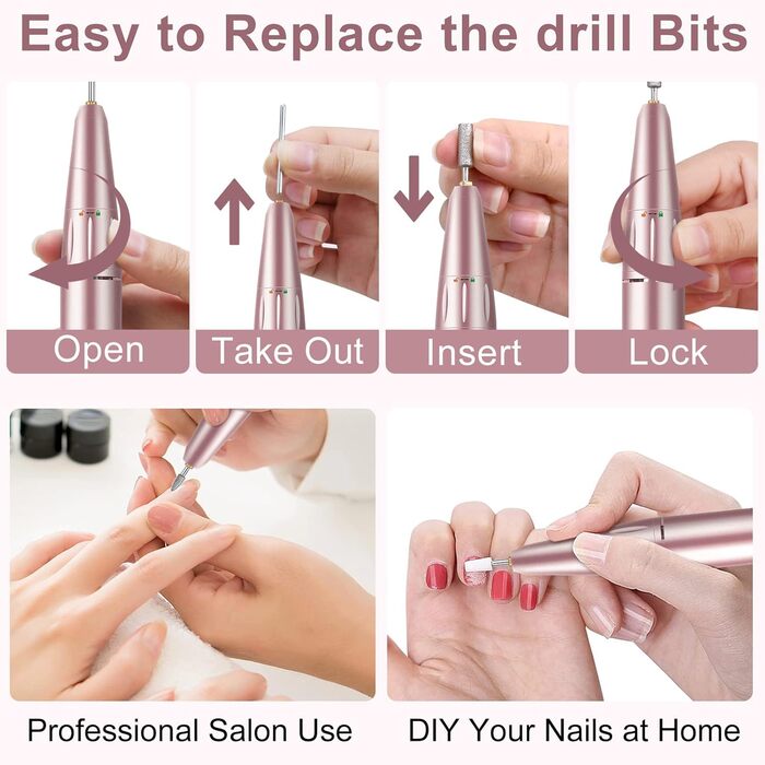 Електрична машинка для манікюру Urbuti 11 в 1, 35000 об/хв, USB, рожева. Набір для професійного манікюру з фрезерами для гелю та лаку