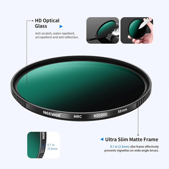 Фільтр ND1000 NEEWER 58mm - нейтральний, з нанопокриттям, HD скло, 10 ступенів