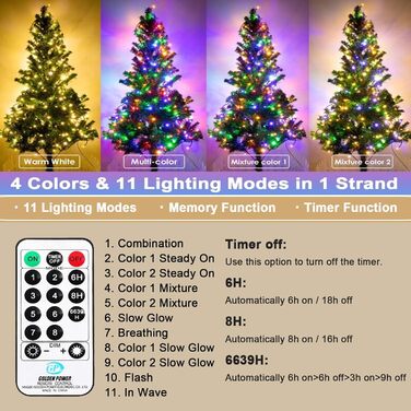 Гірлянда святкова LED 20M з пультом, 11 режимів, тепле біле та кольорове світло для декору балкона, саду, вечірки, весілля та ялинки