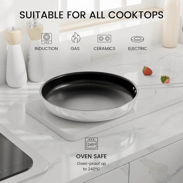 Набір сковорідок CookNANO 3 шт. (20+26+30 см), антипригарне покриття, нержавіюча сталь, для всіх плит, безпечне миття в посудомийній машині