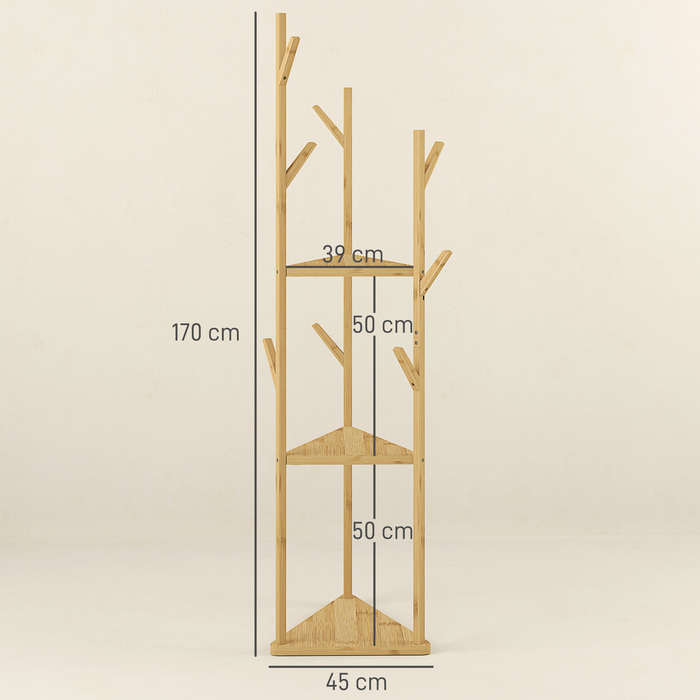 HOMCOM Coat Rack, Clothes Rack with 8 Hooks, 3 Tiers, Jacket Stand for Hats, Clothing, Entrance, Hallway, 45 x 45 x 170 cm, Bamboo, Natural | Aosom